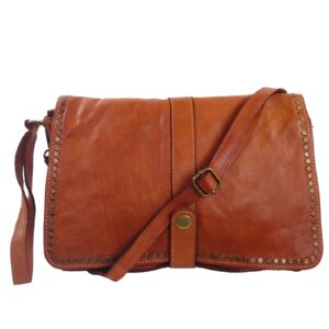 Sac a main bandoulière vintage cuir clouté camel Gena