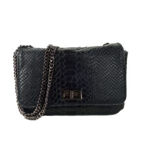 Sac pochette chaine métal cuir serpent noir Eva